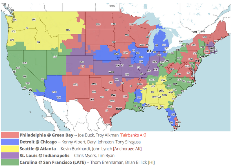 Illustration for article titled Which TV Market's Getting Screwed Today? Your Week 10 NFL Viewing Maps